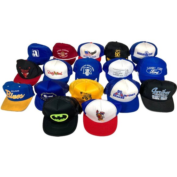 Vintage Trucker Hat Baseball Cap Snapback 80s 90s Lot of 17 Ford Batman Bulls - Picture 1 of 15